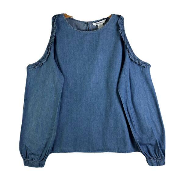 DIZZY LIZZY Denim Cold-Shoulder Ruffled Trim Long Sleeve Womens blouse Size L - Picture 4 of 10